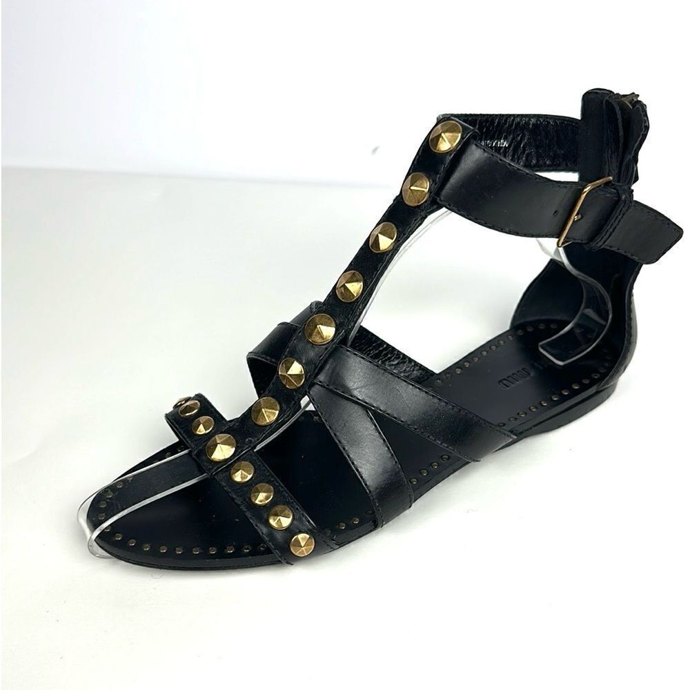 Miu Miu Black Leather Studded Gladiator Sandals with Gold Accents